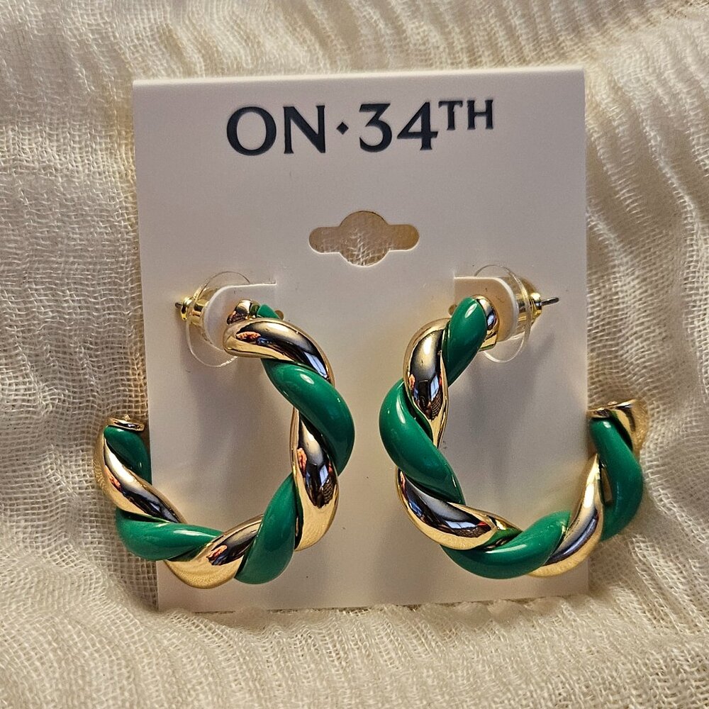 ON 34TH Green and Gold Twisted Hoop Earrings